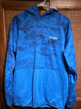 Columbia Blue Patterned Pullover Hoodie Fleece Mens Medium EUC